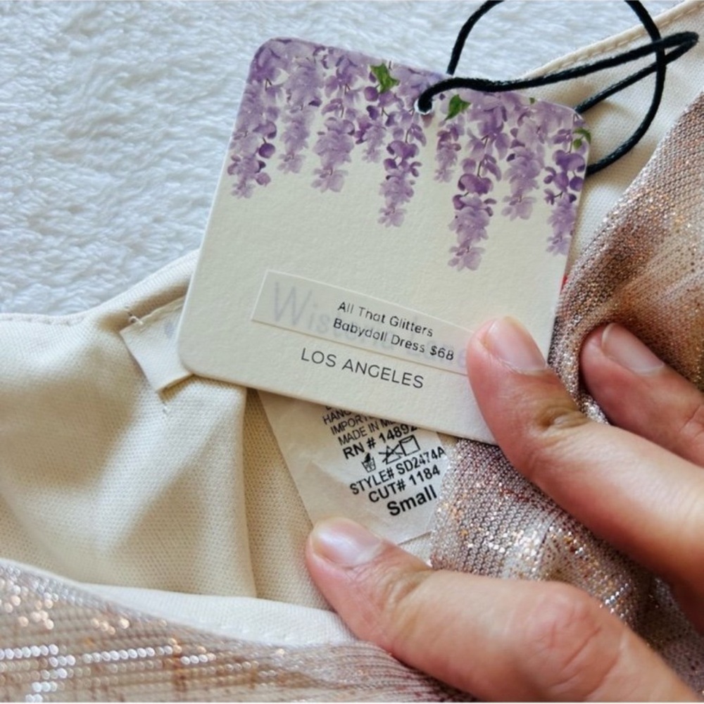NWT Small Wisteria Lane for Anthropologie Gold Glitter Shimmer Babydoll Dress - Picture 6 of 7